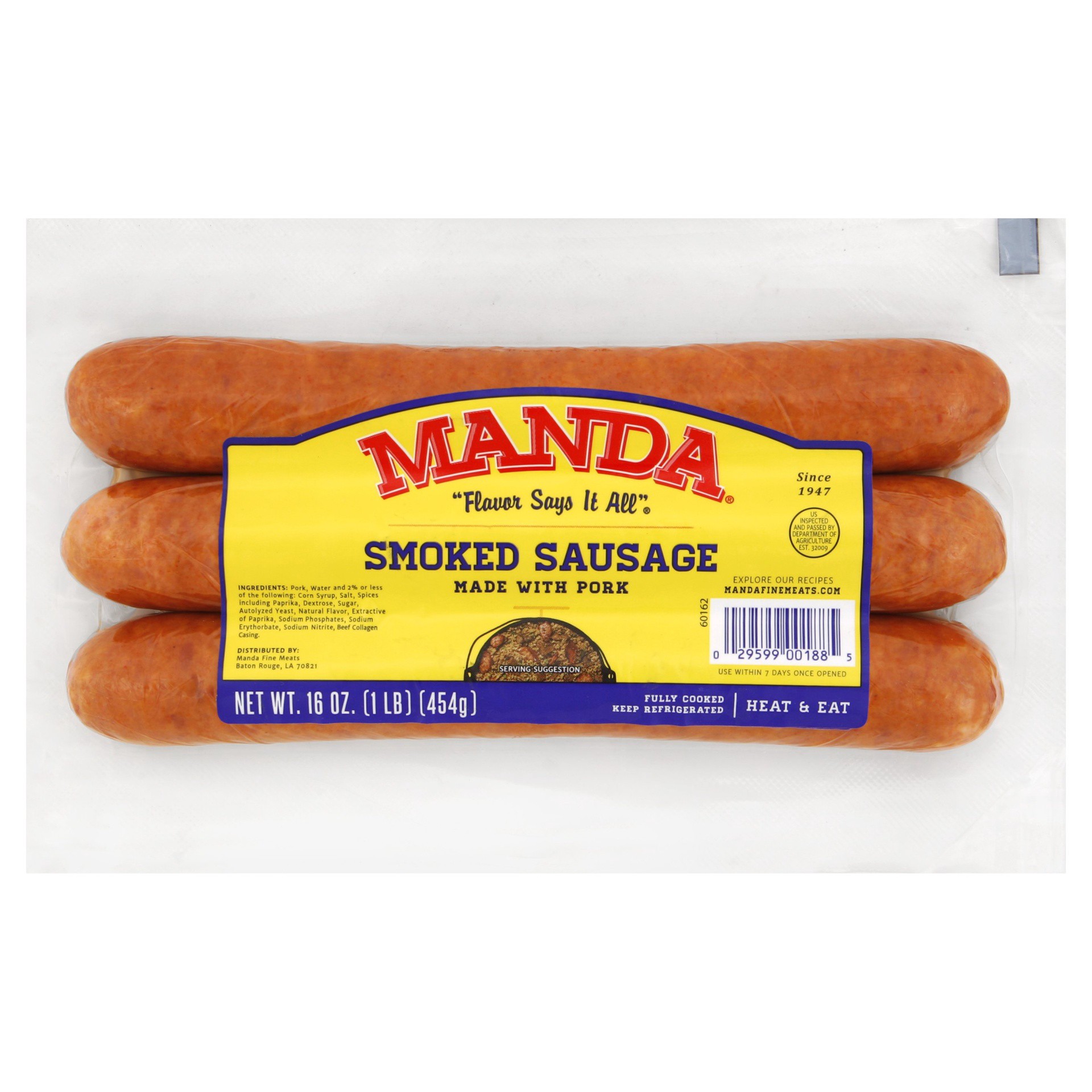 slide 1 of 1, Manda Smoked Hot Sausage, 16 oz