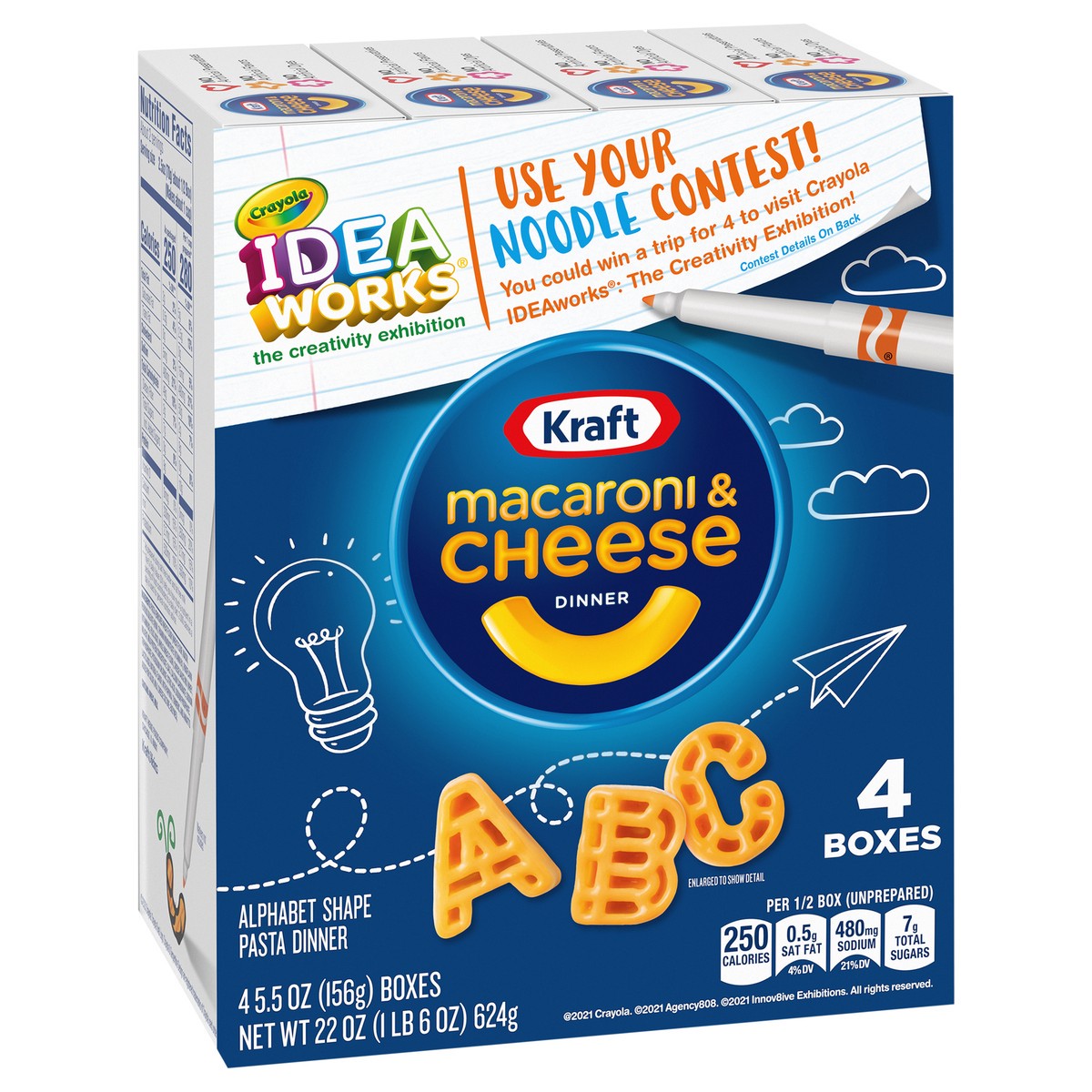 slide 3 of 9, Kraft Macaroni & Cheese Dinner with ABC Pasta Shapes & Crayola Coloring Boxes, 4 ct Pack, 5.5 oz Boxes, 4 ct
