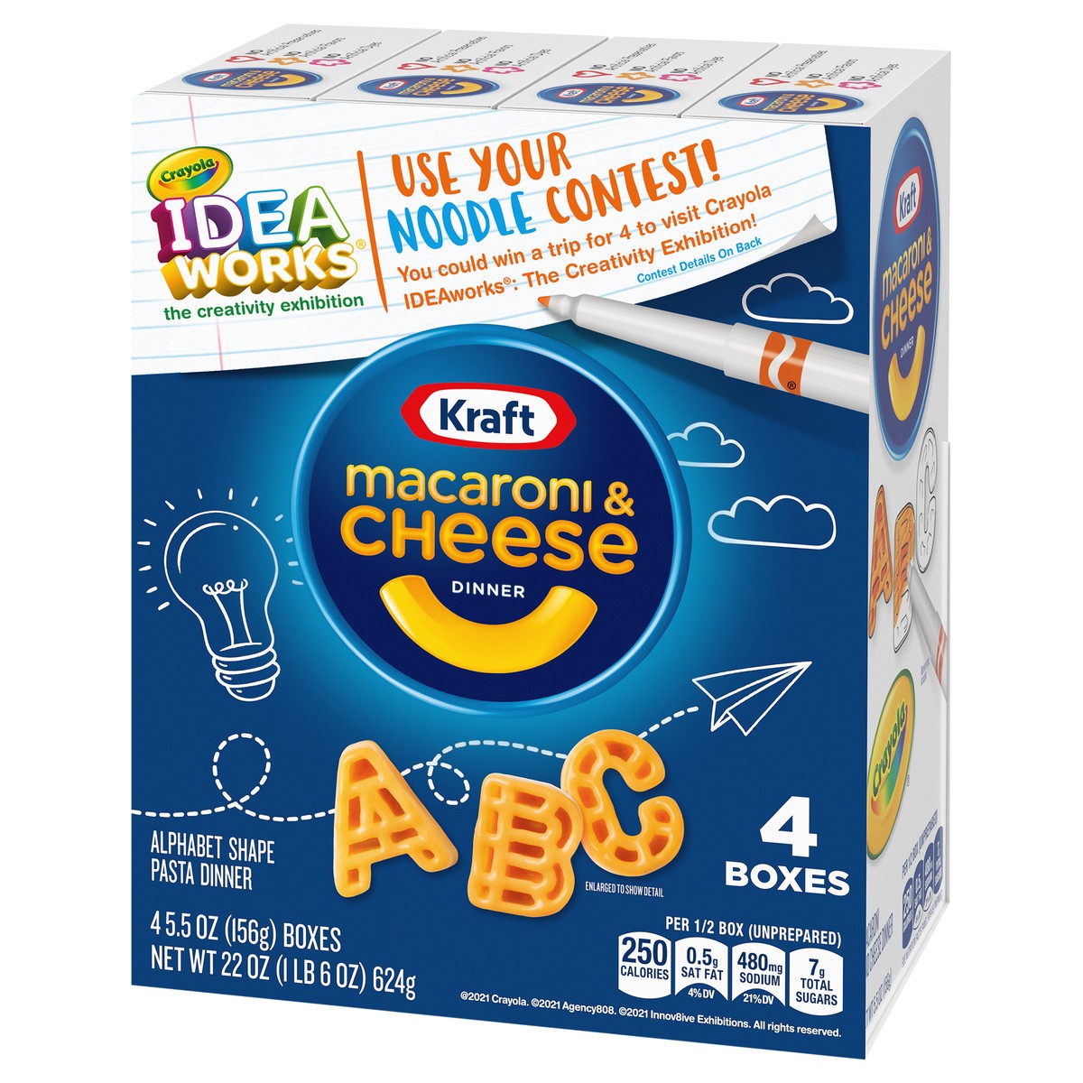 slide 5 of 9, Kraft Macaroni & Cheese Dinner with ABC Pasta Shapes & Crayola Coloring Boxes, 4 ct Pack, 5.5 oz Boxes, 4 ct