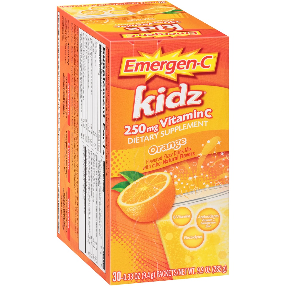 slide 1 of 1, Emergen-C Kidz Orange Vitamin C Dietary Supplement Drink Mix, 250mg, 30 ct