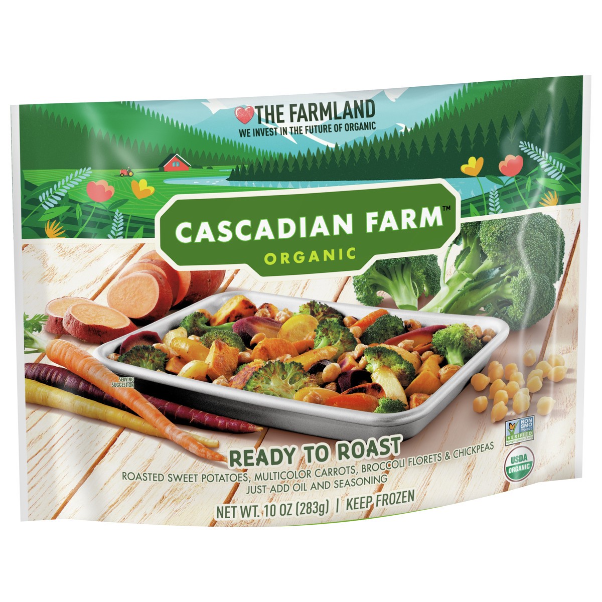 slide 9 of 11, Cascadian Farm Organic Ready To Roast Frozen Vegetables Blend With Sweet Potatoes, Carrots, Broccoli, and Chickpeas, 10 oz, 10 oz