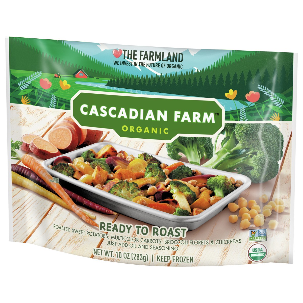 slide 3 of 11, Cascadian Farm Organic Ready To Roast Frozen Vegetables Blend With Sweet Potatoes, Carrots, Broccoli, and Chickpeas, 10 oz, 10 oz