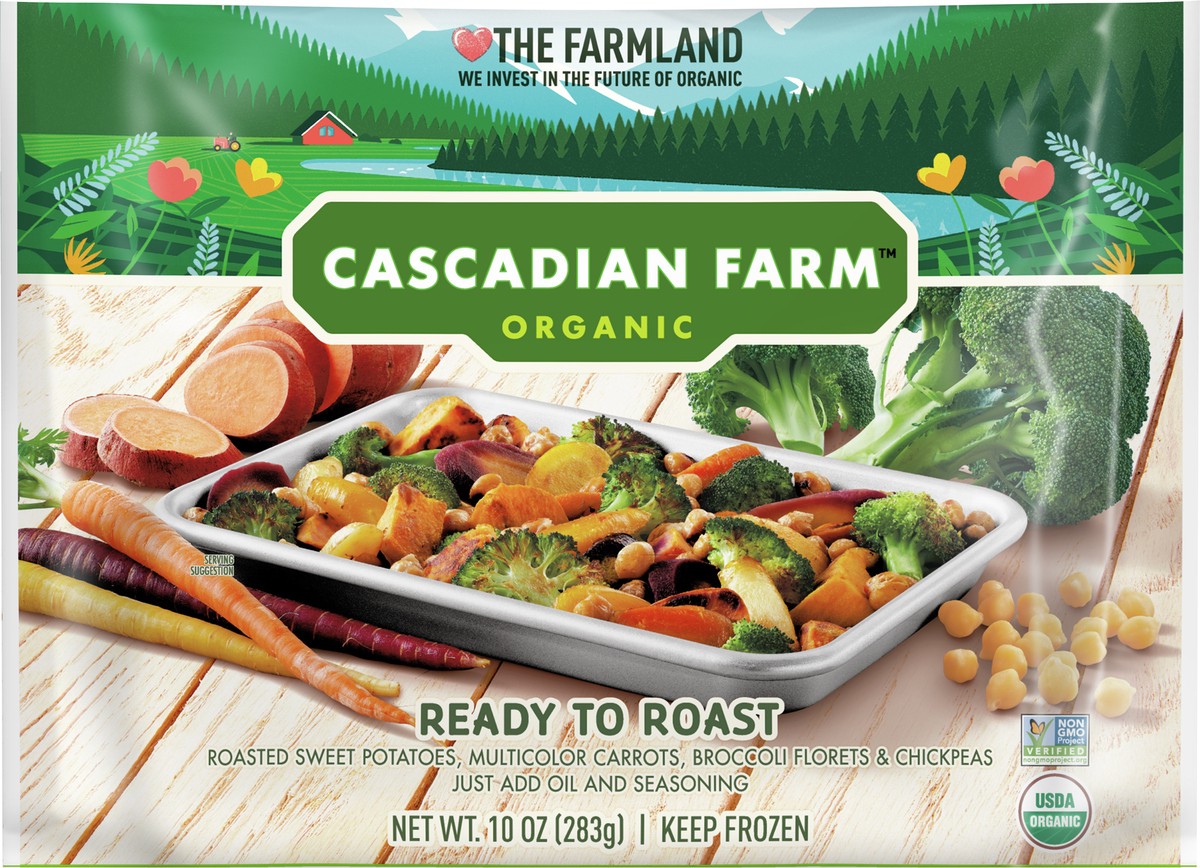 slide 2 of 11, Cascadian Farm Organic Ready To Roast Frozen Vegetables Blend With Sweet Potatoes, Carrots, Broccoli, and Chickpeas, 10 oz, 10 oz