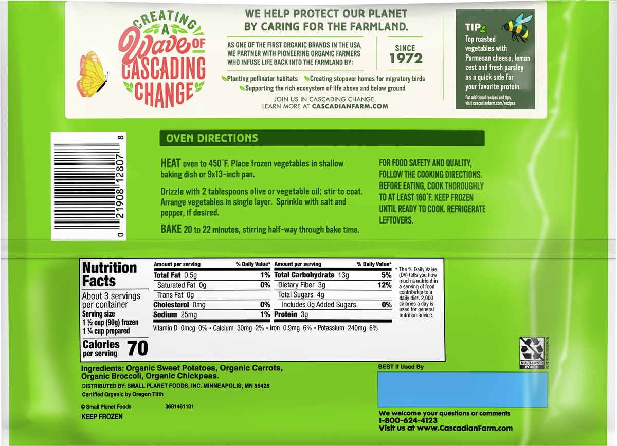 slide 10 of 11, Cascadian Farm Organic Ready To Roast Frozen Vegetables Blend With Sweet Potatoes, Carrots, Broccoli, and Chickpeas, 10 oz, 10 oz