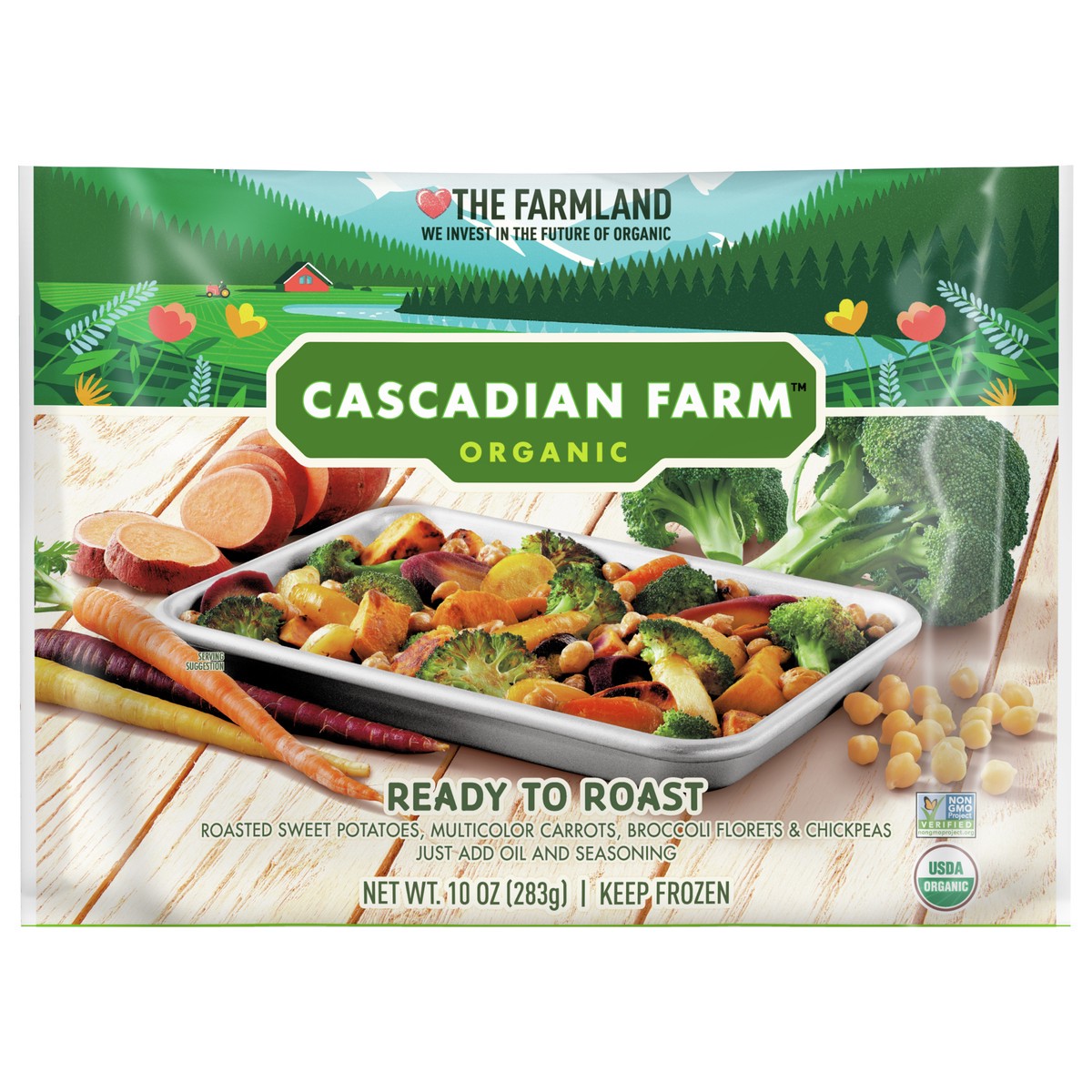 slide 4 of 11, Cascadian Farm Organic Ready To Roast Frozen Vegetables Blend With Sweet Potatoes, Carrots, Broccoli, and Chickpeas, 10 oz, 10 oz