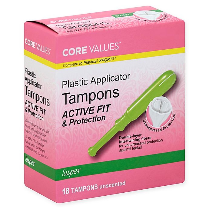 slide 1 of 1, Core Values Active Fit & Protection Super Tampons Unscented, 18 ct