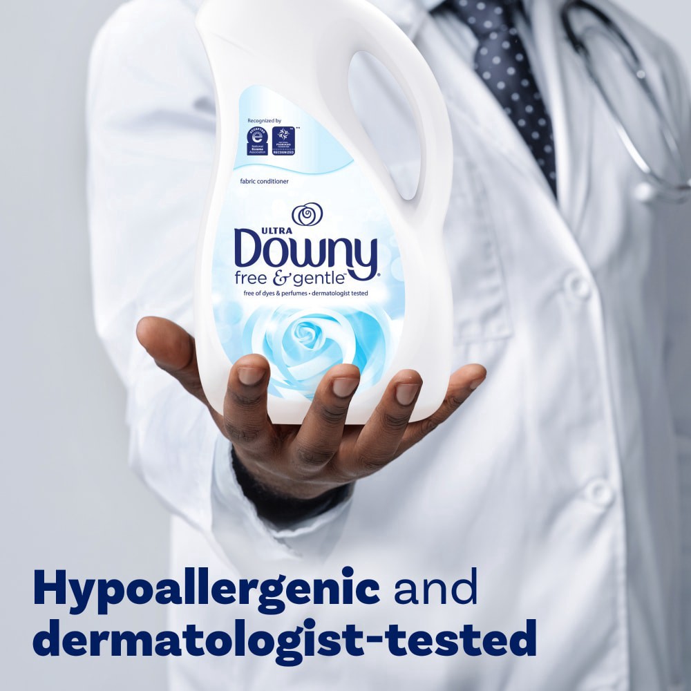 slide 4 of 6, Downy Free & Gentle Liquid Fabric Softener, 66 fl oz, 90 Loads, Hypoallergenic, Sensitive Skin Friendly Fabric Conditioner Liquid, 2.08 qt