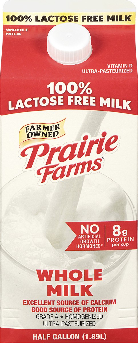 slide 5 of 13, Prairie Farms Whole 100% Lactose Free Homogenized Milk 0.5 gl Carton, 1/2 gal