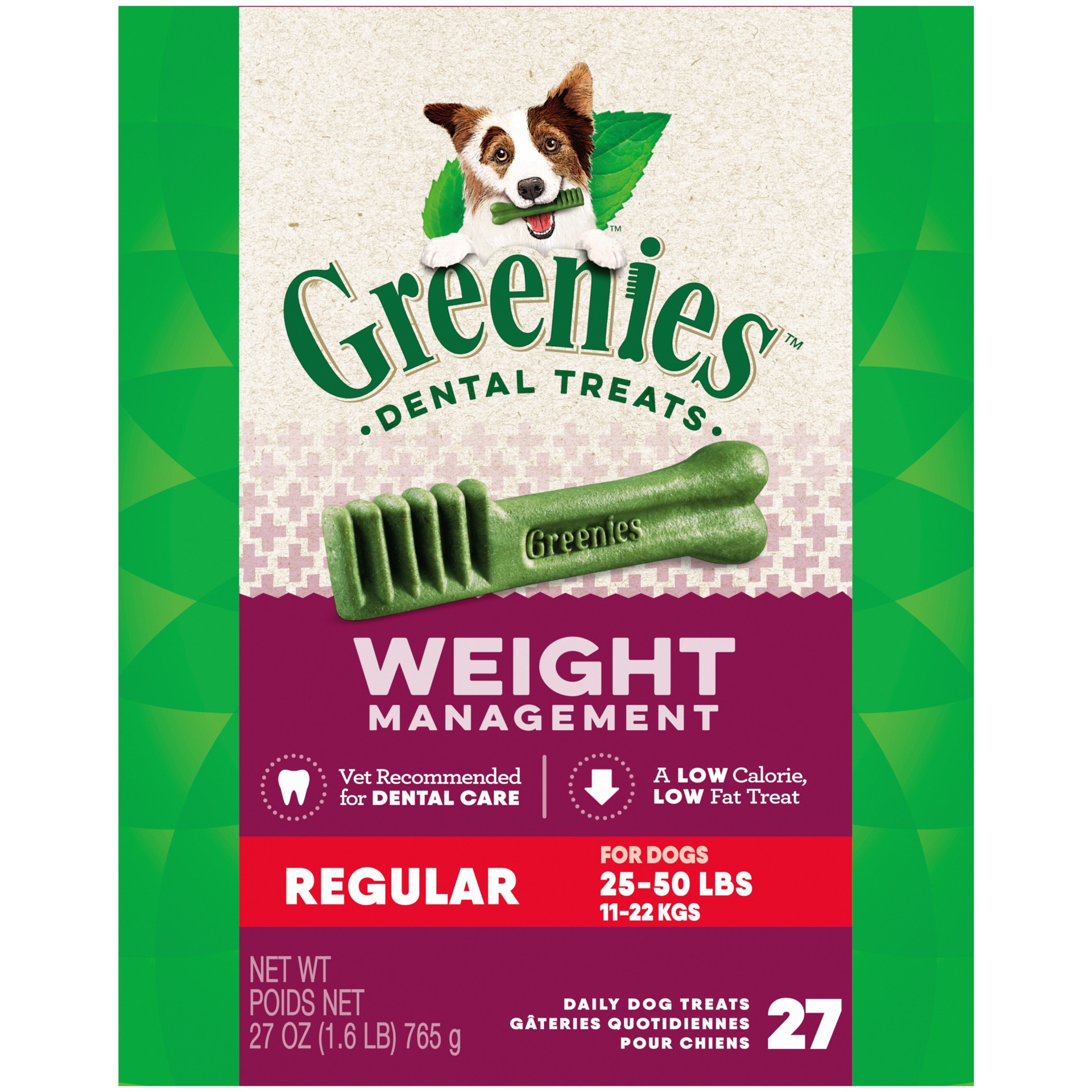 slide 1 of 4, Greenies Weight Management Regular Natural Dog Dental Care Chews Weight Control Dog Treats, 27 Oz. Pack (27 Treats), 27 oz