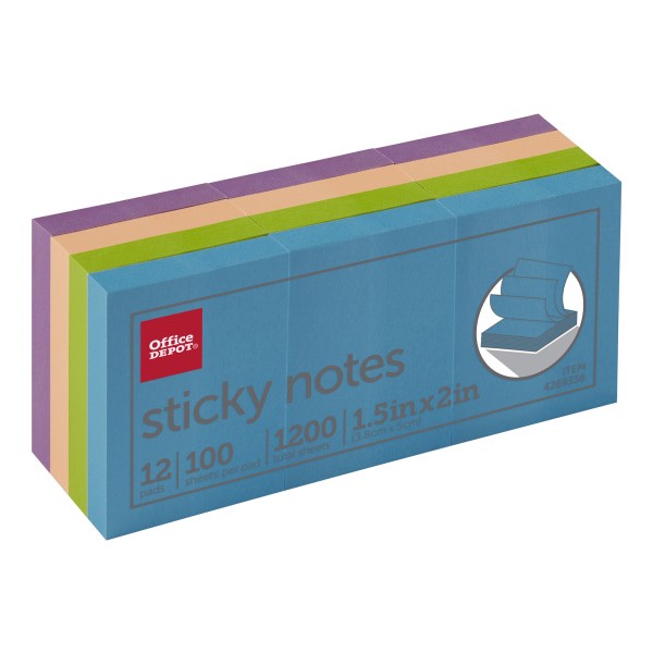 slide 1 of 3, Office Depot Brand Sticky Notes, 1-1/2'' X 2'', Assorted Neon Colors, 100 Sheets Per Pad, Pack Of 12 Pads, 12 ct