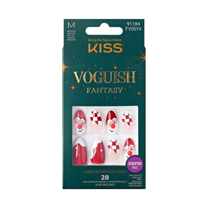 slide 1 of 8, KISS Voguish Fantasy Holiday Press-On Nails, Red, Medium Length, Almond Shaped, 31 Ct., 1 ct