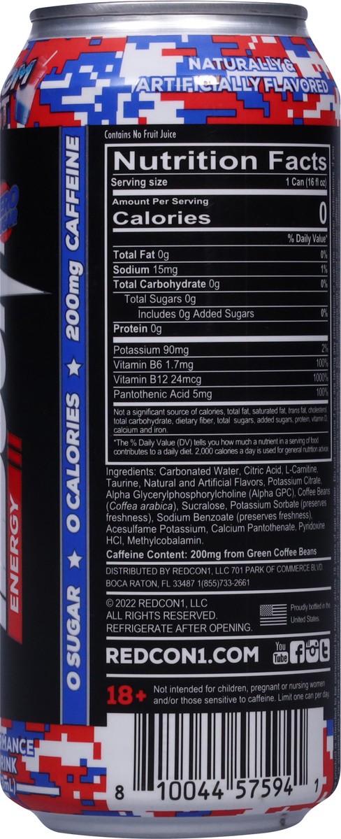slide 2 of 14, Redcon1 Zero Sugar High Performance Freedom Frost Energy Drink 16 fl oz, 16 fl oz