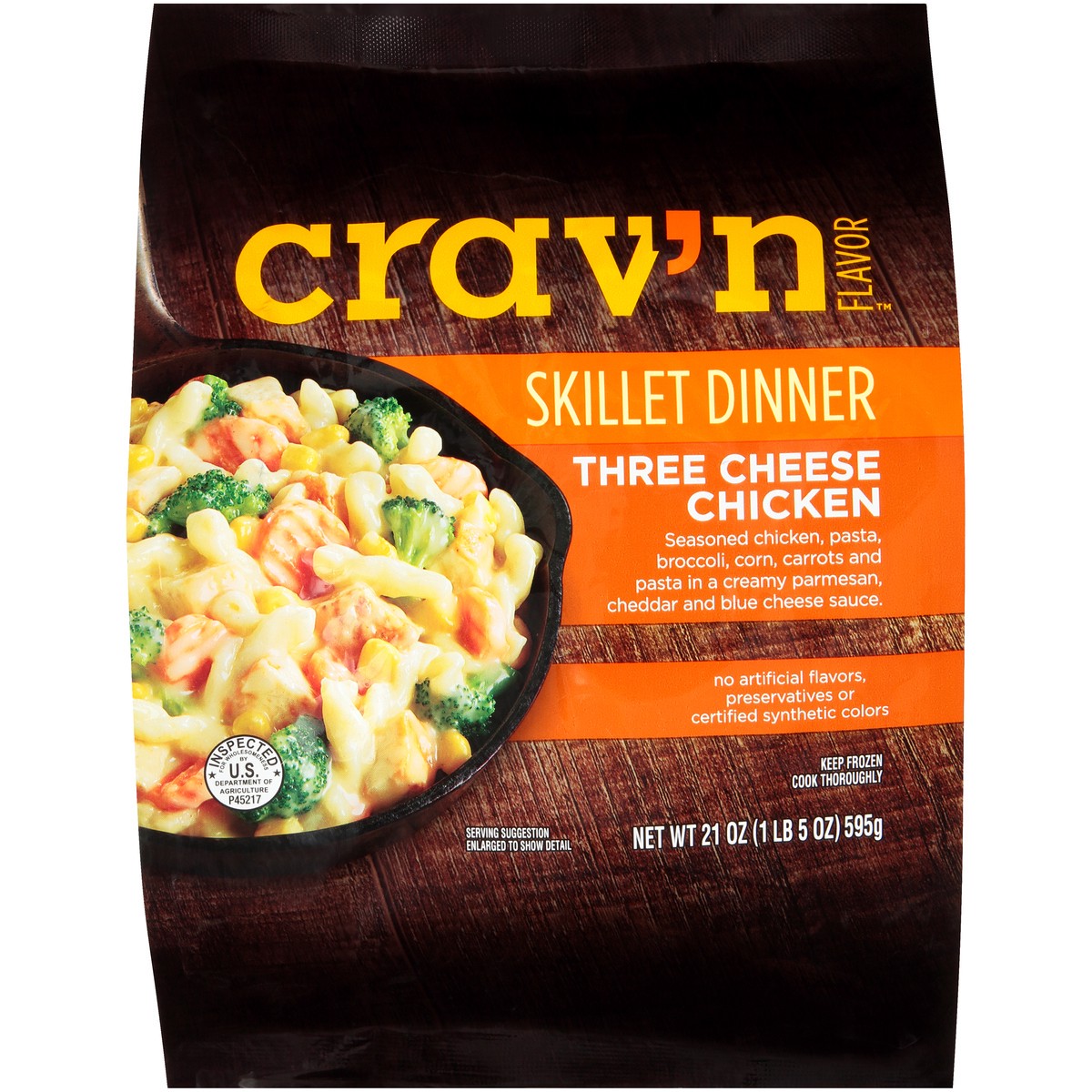 slide 1 of 13, Crav'n Flavor Three Cheese Chicken Seasoned Chicken, Pasta, Broccoli, Corn, Carrots And Pasta In A Creamy Parmesan, Cheddar And Blue Cheese Sauce Skillet Dinner, 21 oz