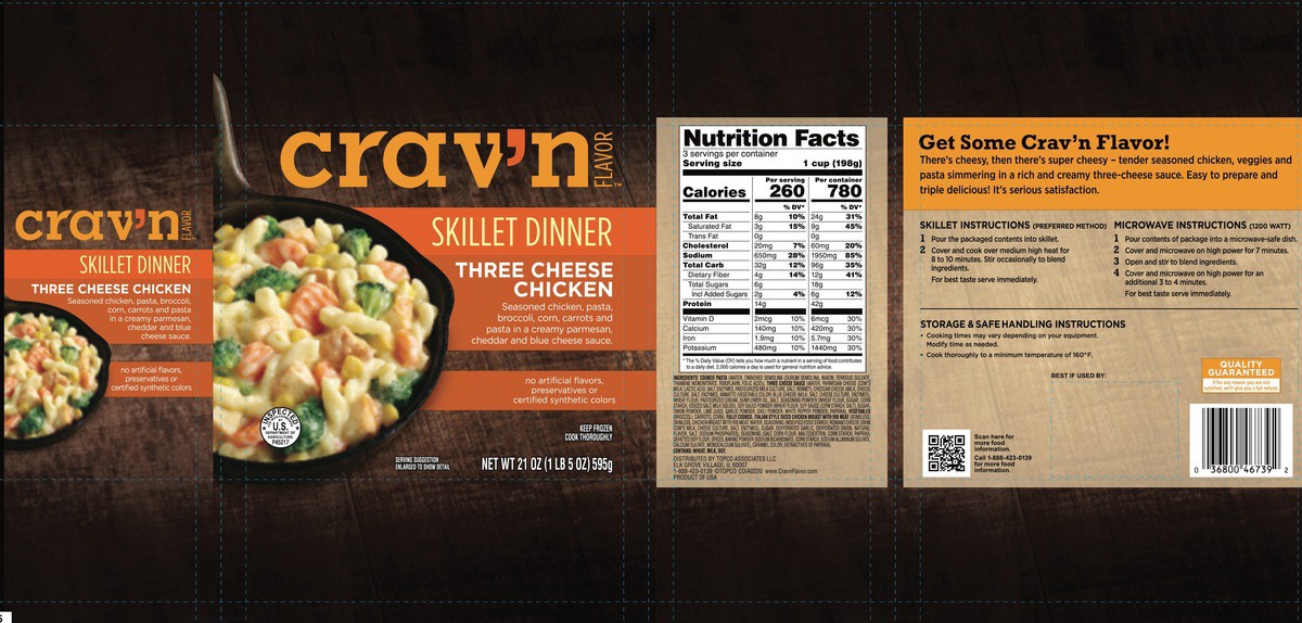 slide 5 of 13, Crav'n Flavor Three Cheese Chicken Seasoned Chicken, Pasta, Broccoli, Corn, Carrots And Pasta In A Creamy Parmesan, Cheddar And Blue Cheese Sauce Skillet Dinner, 21 oz