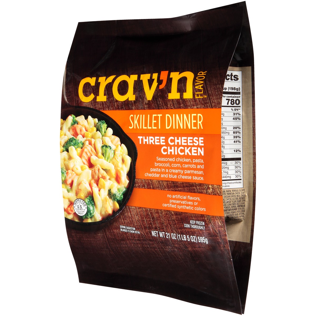 slide 6 of 13, Crav'n Flavor Three Cheese Chicken Seasoned Chicken, Pasta, Broccoli, Corn, Carrots And Pasta In A Creamy Parmesan, Cheddar And Blue Cheese Sauce Skillet Dinner, 21 oz