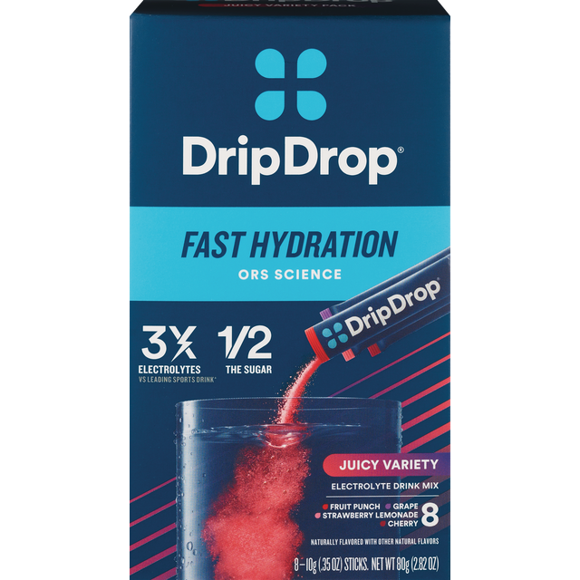 slide 1 of 5, DripDrop Fast Hydration Juice Variety Electrolyte Drink Mix 8 - 3.5 oz Sticks, 8 ct; 2.82 oz