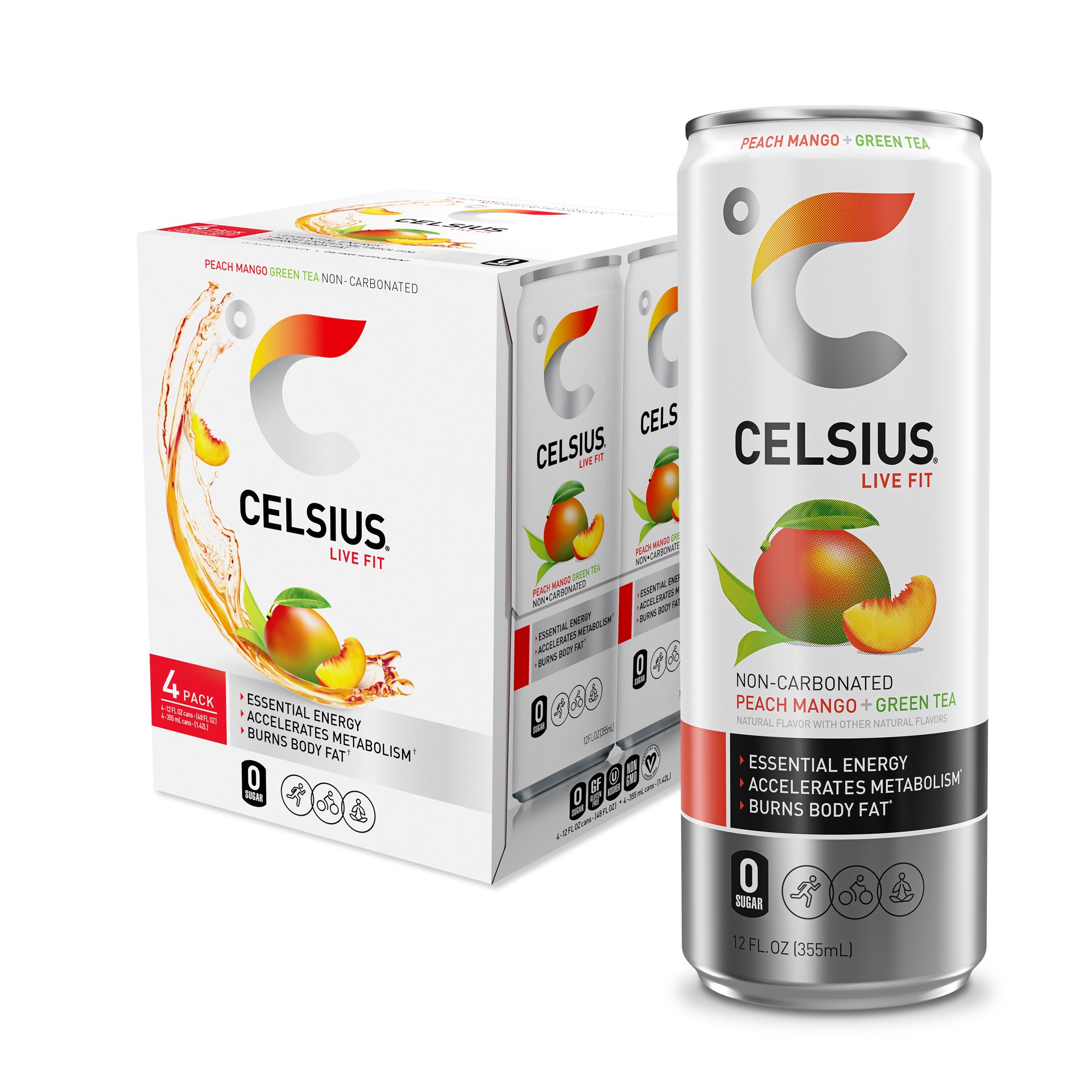 slide 1 of 4, CELSIUS Peach Mango Green Tea, Functional Essential Energy Drink 12 Fl Oz (Pack of 4), 4 ct; 12 fl oz