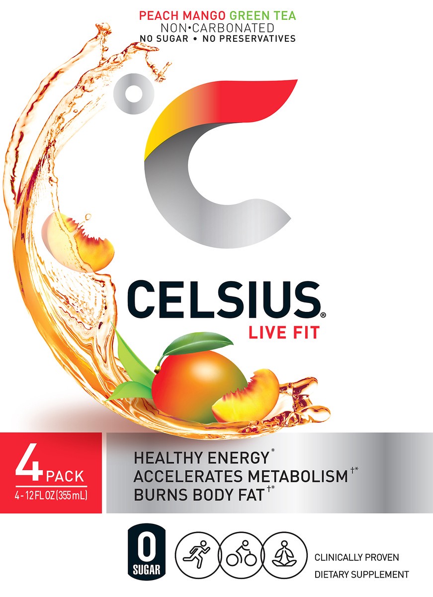 slide 1 of 4, CELSIUS Live Fit Sparkling Peach Mango Green Tea Energy Drink 4 ea, 4 ct