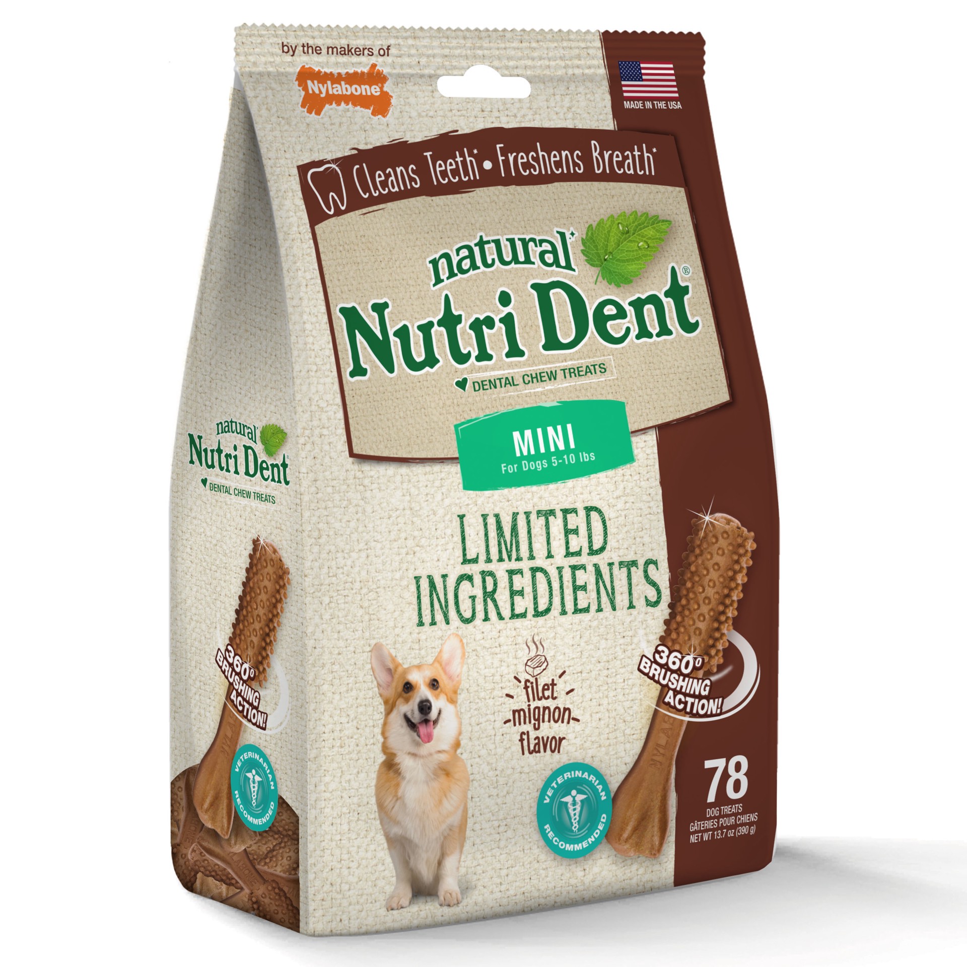 slide 7 of 10, Nylabone Nutri Dent Filet Mignon Dog Dental Chews Mini - 5 lbs. to 10 lbs.(78 Count), 1 ct