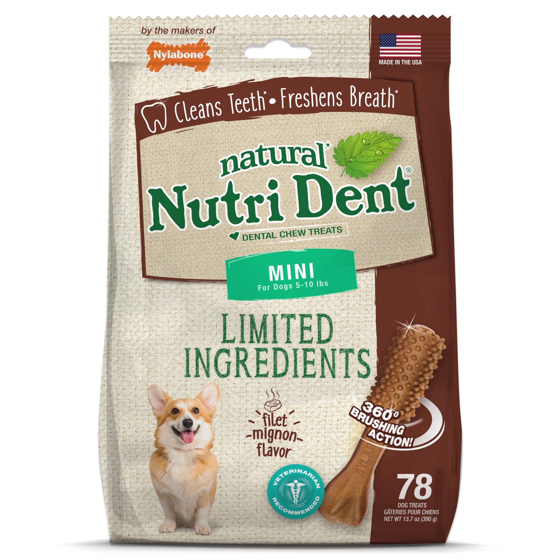 slide 1 of 10, Nylabone Nutri Dent Filet Mignon Dog Dental Chews Mini - 5 lbs. to 10 lbs.(78 Count), 1 ct