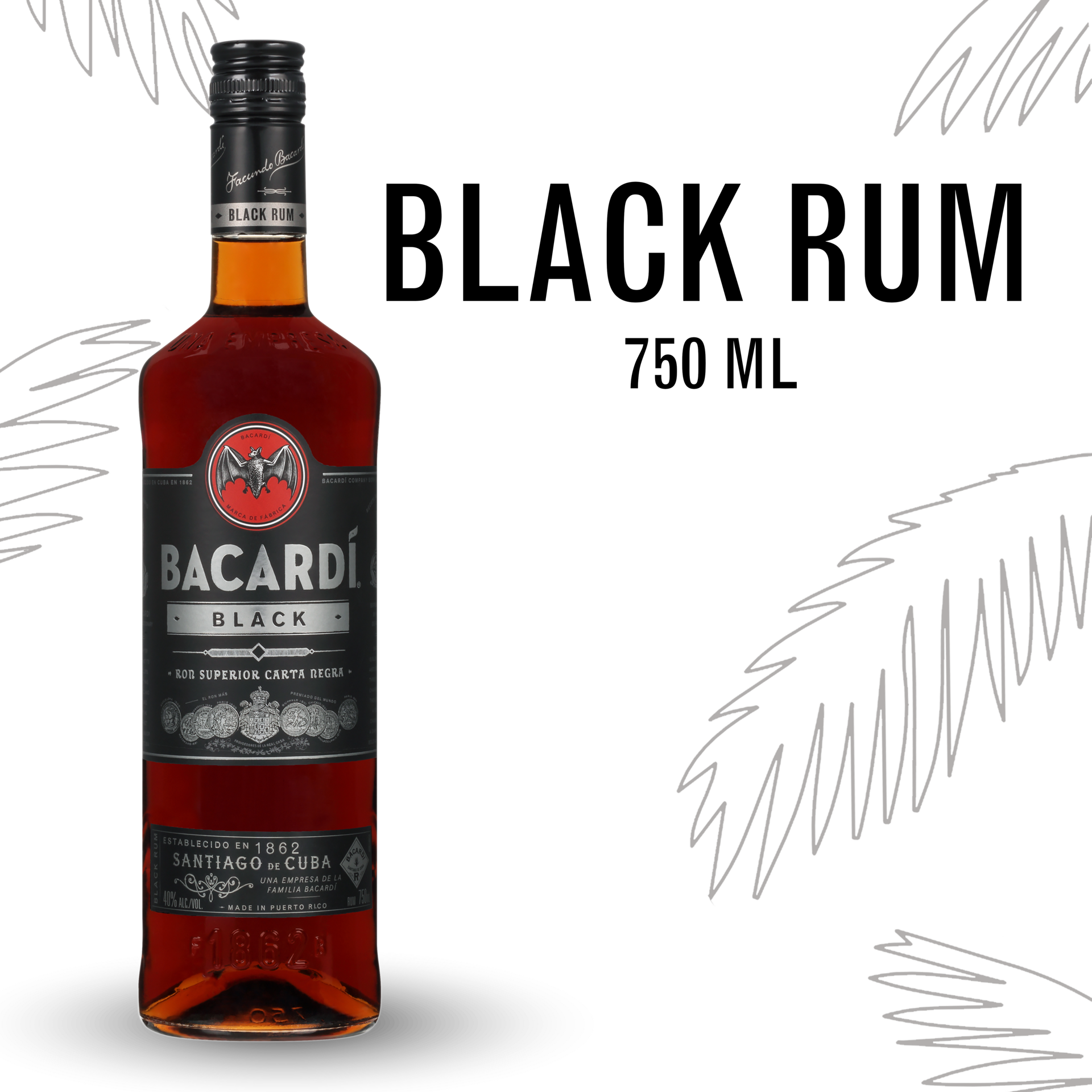 slide 1 of 5, Bacardí Bacardi Black Rum, Gluten Free 40% 75Cl/750Ml, 750 ml