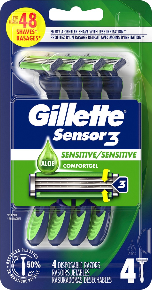 slide 3 of 3, Gillette Sensor3 Sensitive Men's Disposable Razor, 4 Razors, 4 ct