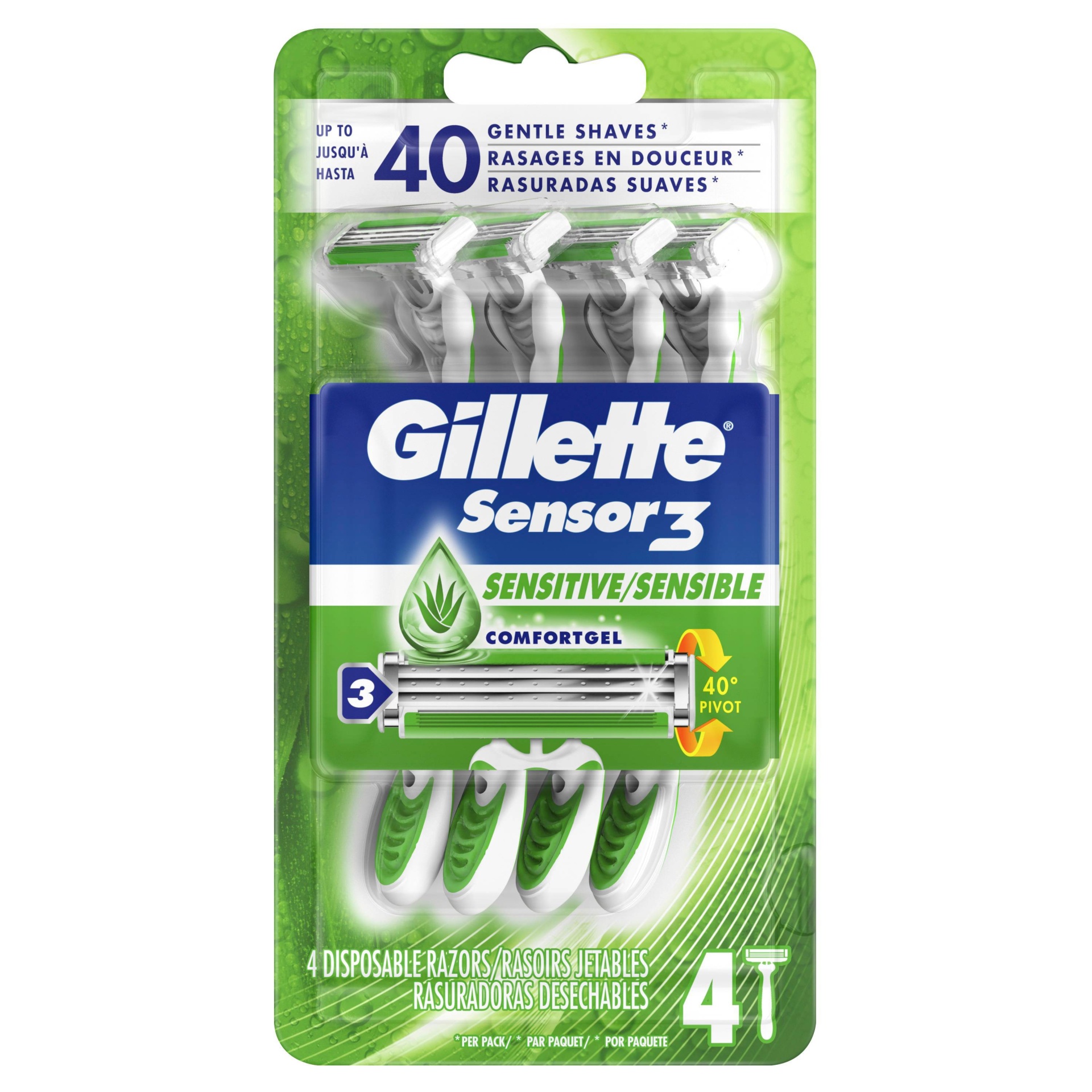 slide 1 of 2, Gillette Sensor3 Sensitive Men's Disposable Razors, 4 ct