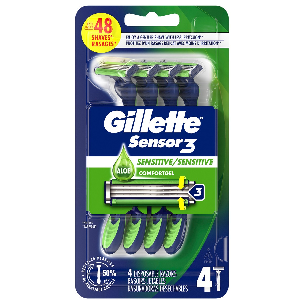 slide 1 of 3, Gillette Sensor3 Sensitive Men's Disposable Razor, 4 Razors, 4 ct