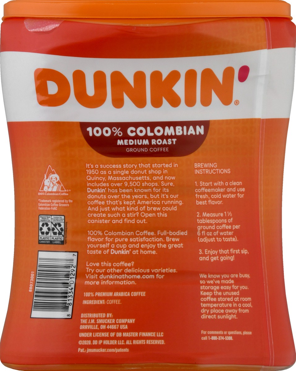 slide 7 of 9, Dunkin' Medium Roast Ground 100% Colombian Coffee 27.5 oz, 27.5 oz