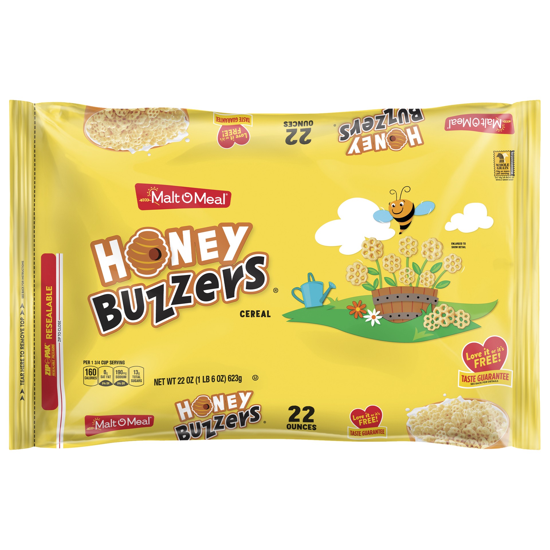 slide 1 of 7, Malt-O-Meal Honey Buzzers Breakfast Cereal, Super Sized Honey Cereal, 22 OZ Bag, 22 oz