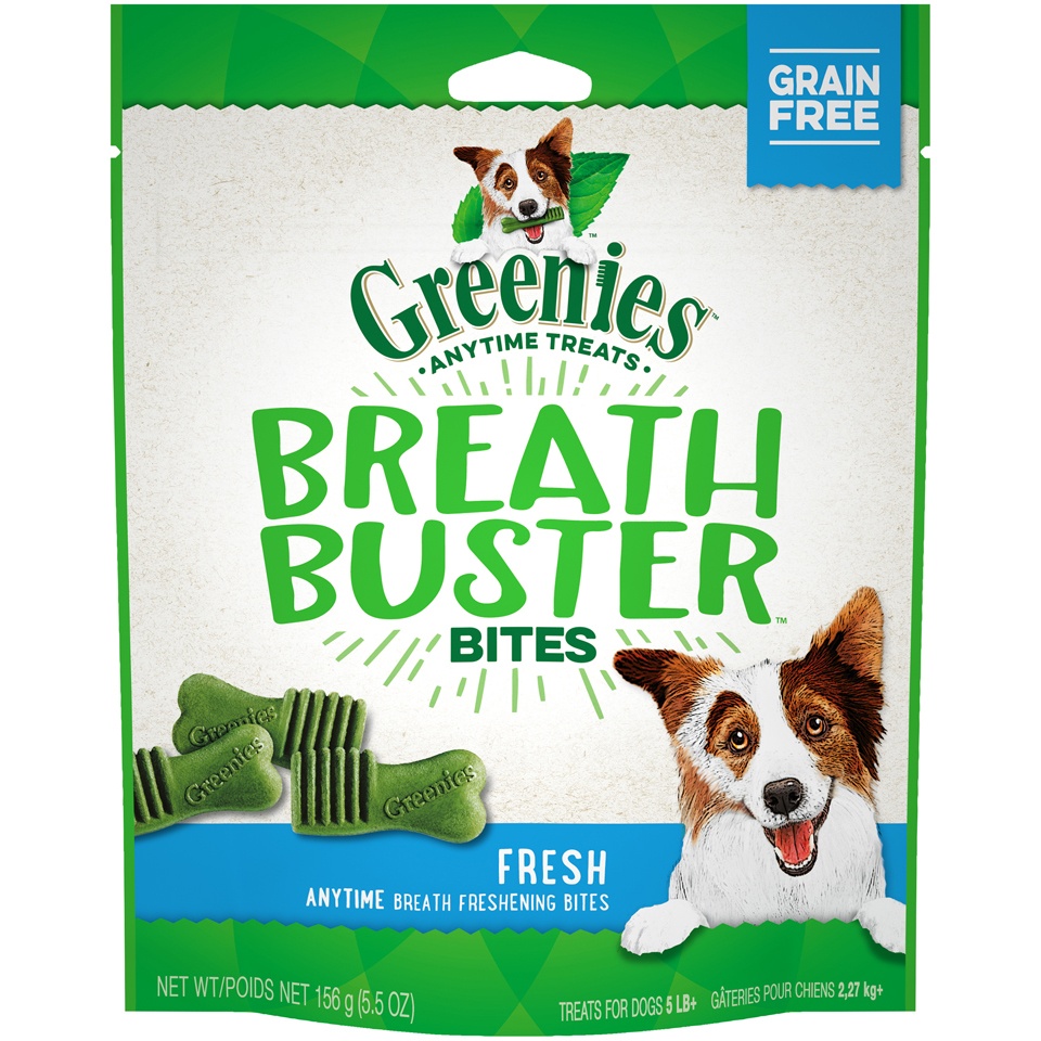 slide 1 of 9, Greenies BREATH BUSTER Bites Fresh Flavor Treats for Dogs, 5.5 oz