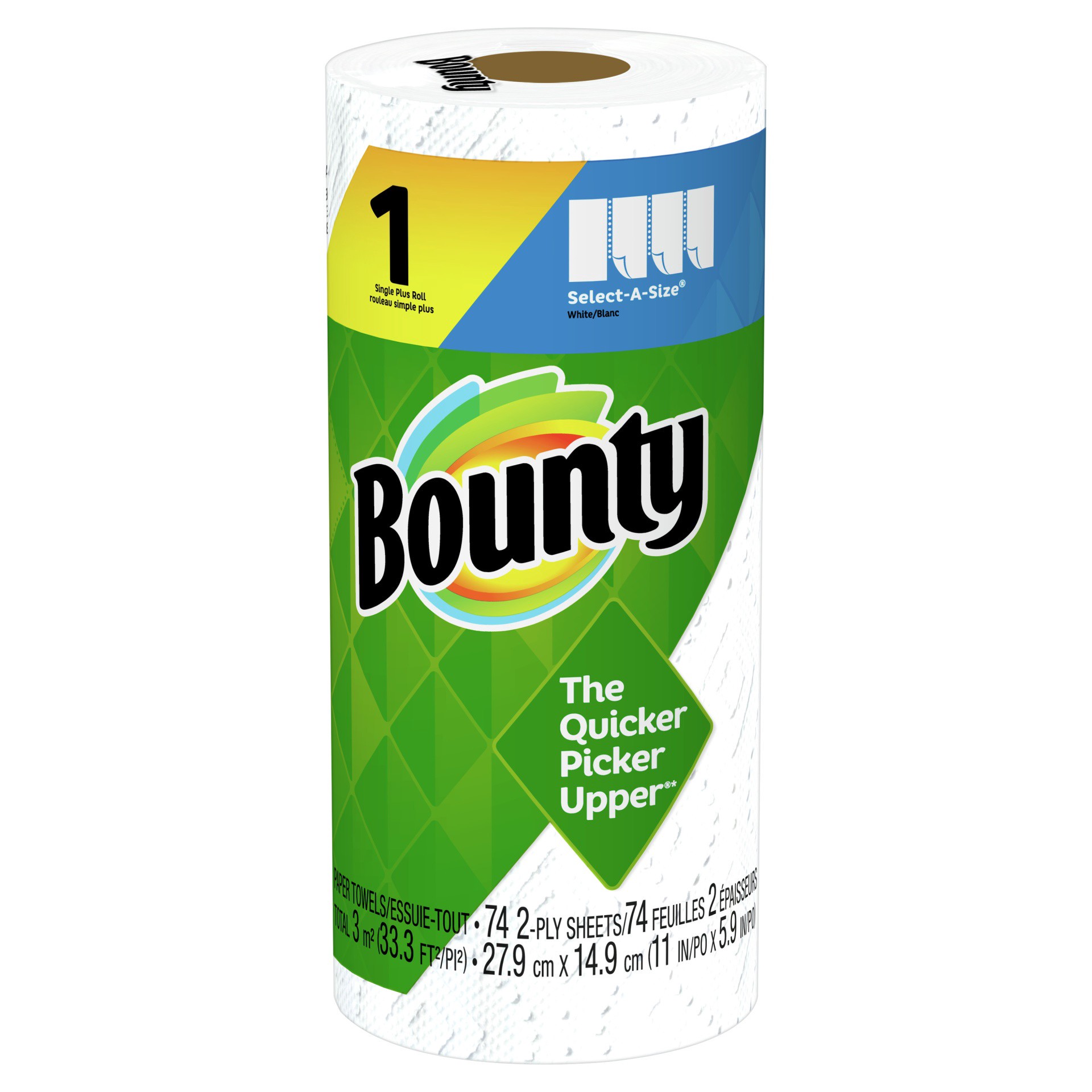 slide 1 of 1, Bounty Paper Towel, Single Plus Roll, Select-A-Size, 2-Ply, 37.4