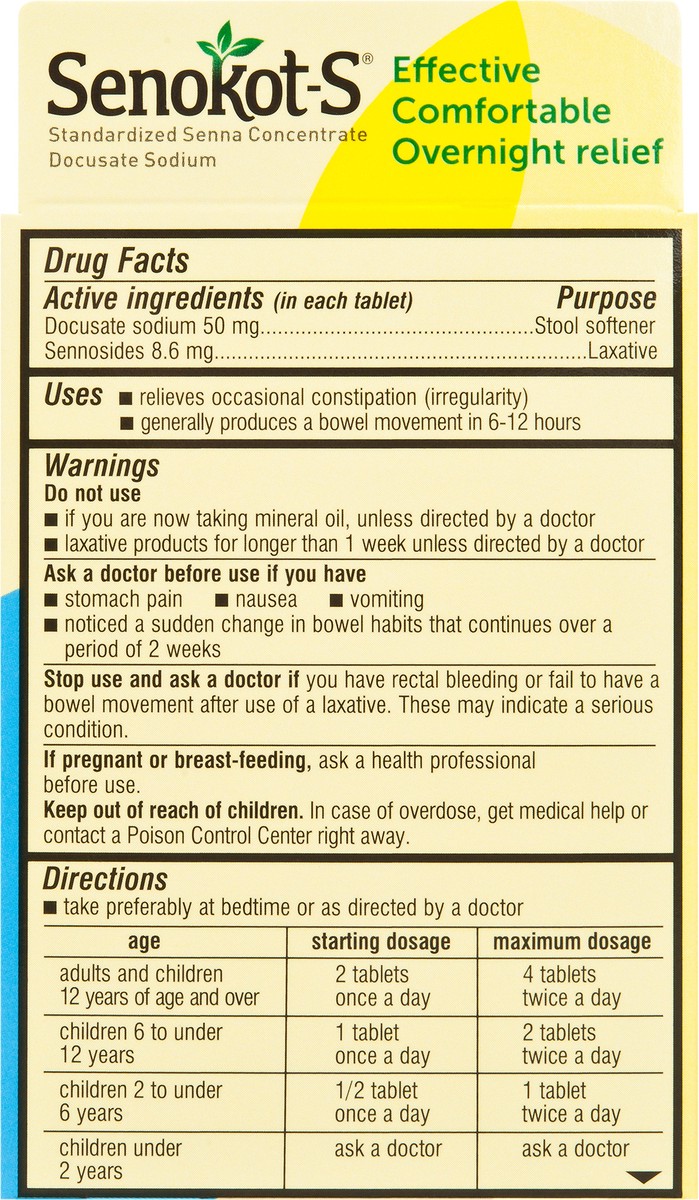 slide 3 of 7, Senokot-S Dual Action Natural Vegetable Laxative Ingredient Plus Stool Softener Tablets, Docusate Sodium, Senna Concentrate, Gentle, Overnight Relief From Occasional Constipation, 10 ct, 10 ct