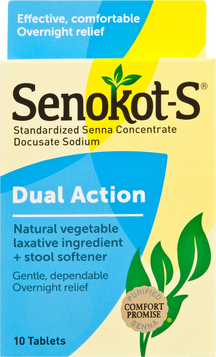 slide 5 of 7, Senokot-S Dual Action Natural Vegetable Laxative Ingredient Plus Stool Softener Tablets, Docusate Sodium, Senna Concentrate, Gentle, Overnight Relief From Occasional Constipation, 10 ct, 10 ct