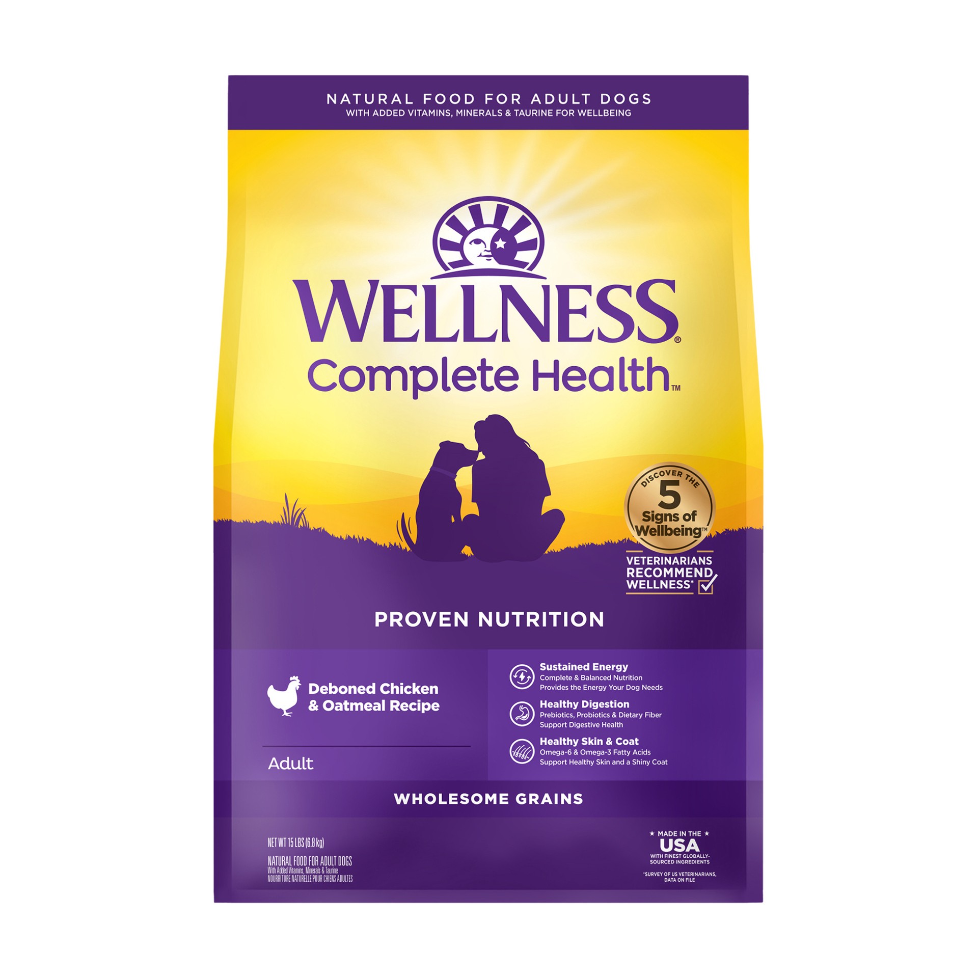 slide 1 of 5, Wellness Complete Health Natural Dry Dog Food, Chicken & Oatmeal, 15-Pound Bag, 1 ct