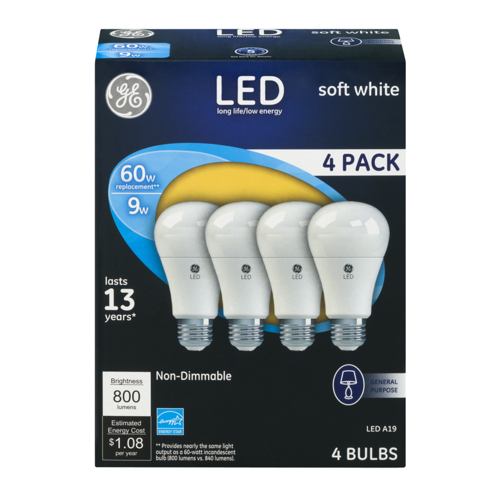 slide 1 of 1, GE LED 9W General Purpose Non Dimmable Soft White, 4 ct