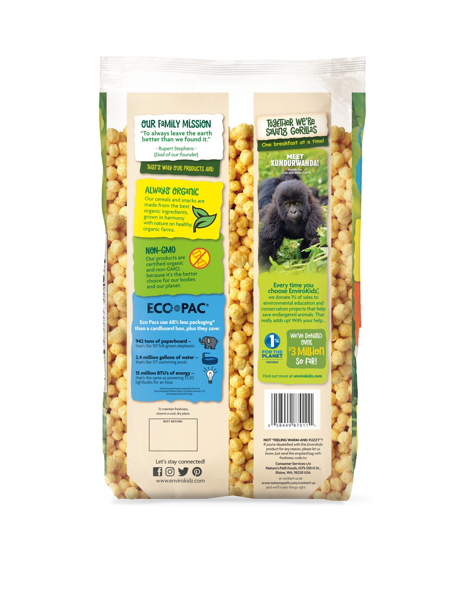 slide 6 of 7, EnviroKidz Nature's Path Envirokidz Organic Gorilla Munch Cold Cereal 23oz EcoPac Bag, 23 oz