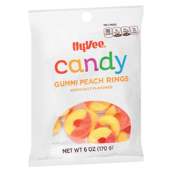 slide 1 of 1, Hy-Vee Gummi Peach Rings, 6 oz