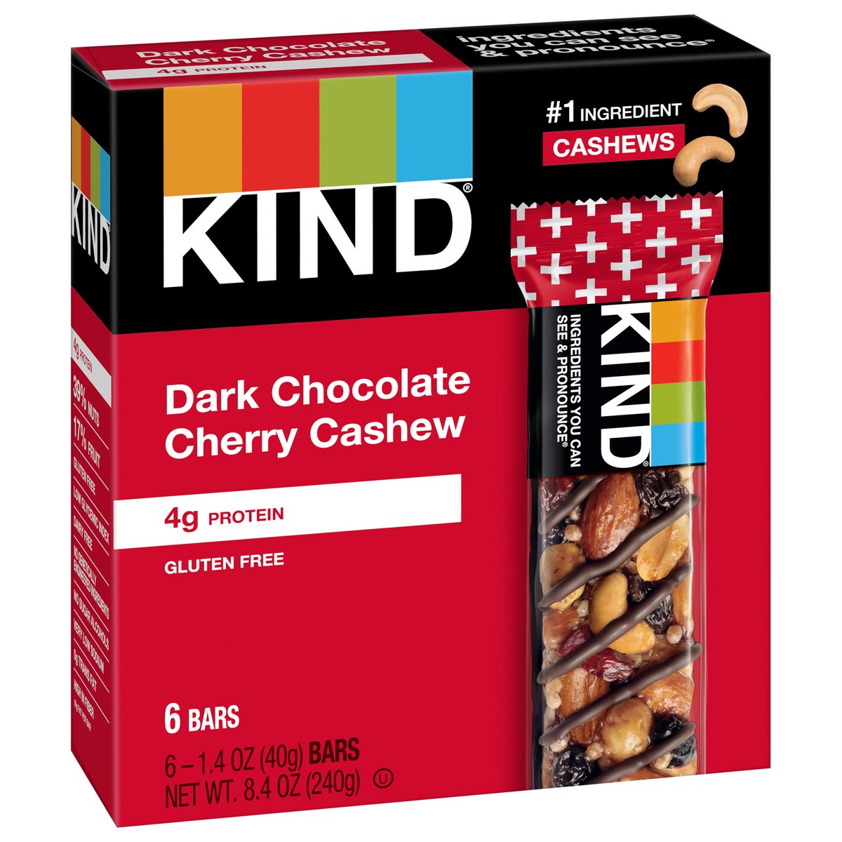 slide 6 of 6, KIND Healthy Snack Bar, Dark Chocolate Cherry Cashew, 4g Protein, Gluten Free Bars, 1.4 OZ, (6 Ct), 6 ct