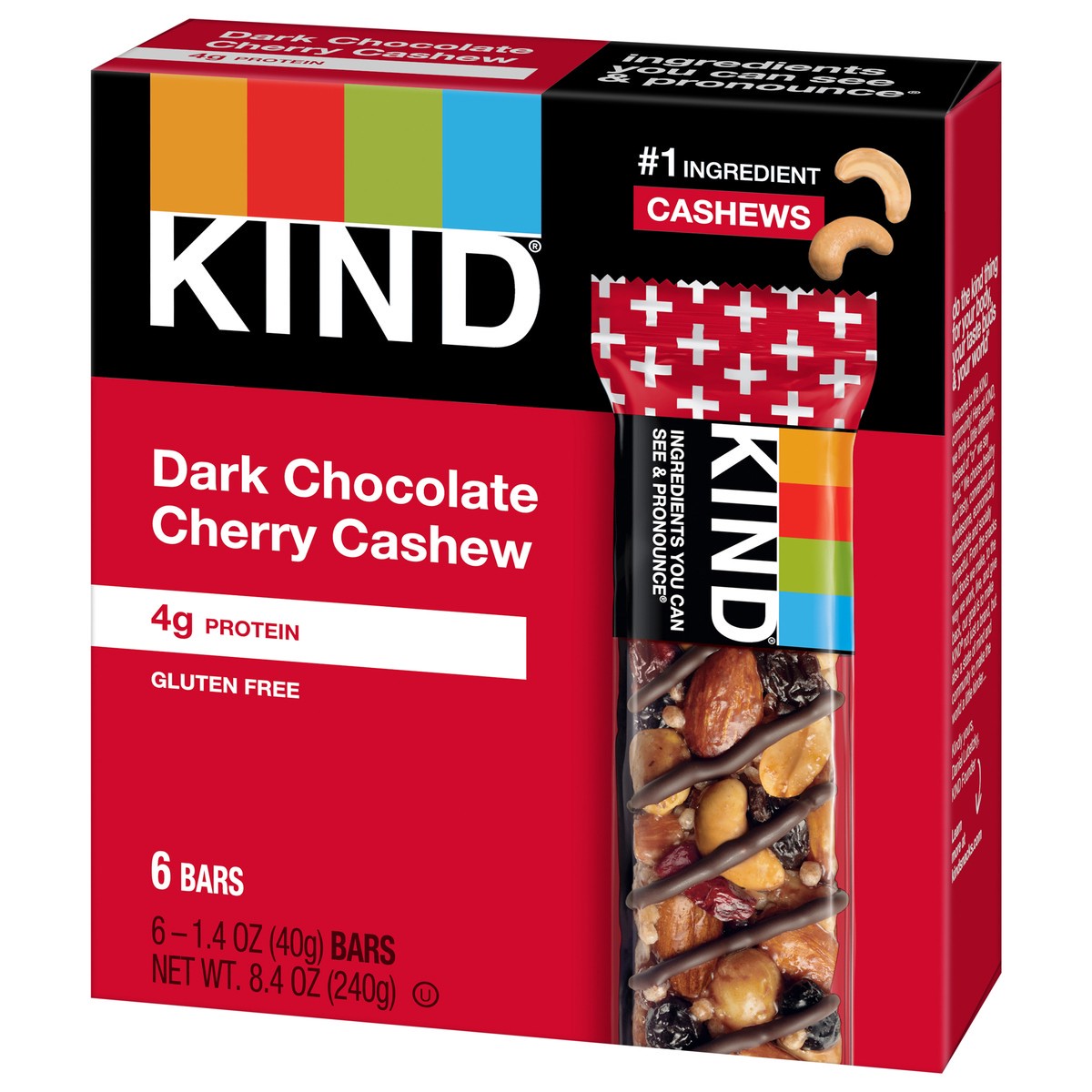 slide 4 of 6, KIND Healthy Snack Bar, Dark Chocolate Cherry Cashew, 4g Protein, Gluten Free Bars, 1.4 OZ, (6 Ct), 6 ct