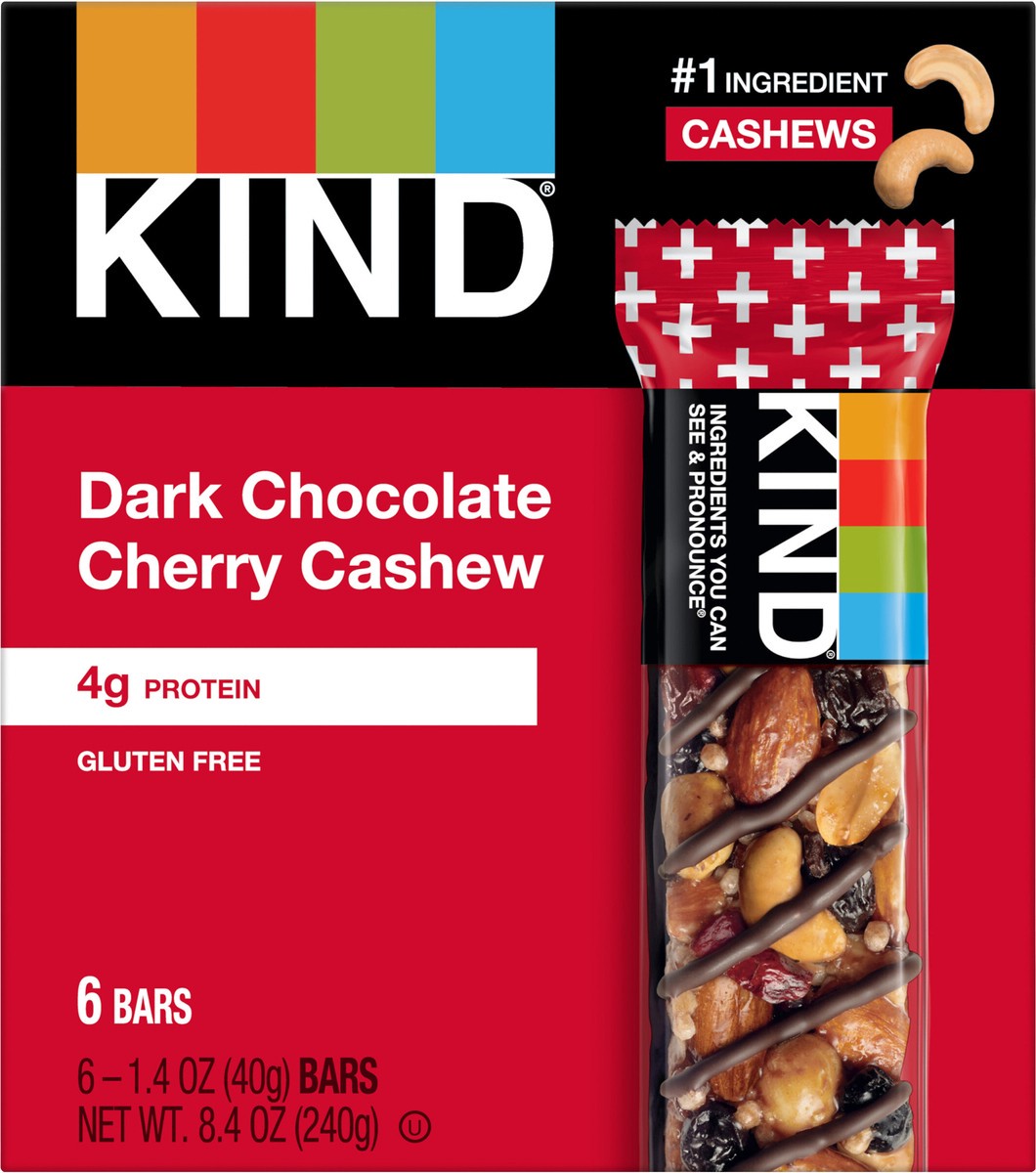 slide 2 of 6, KIND Healthy Snack Bar, Dark Chocolate Cherry Cashew, 4g Protein, Gluten Free Bars, 1.4 OZ, (6 Ct), 6 ct