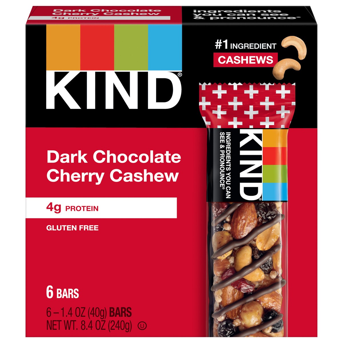 slide 1 of 6, KIND Healthy Snack Bar, Dark Chocolate Cherry Cashew, 4g Protein, Gluten Free Bars, 1.4 OZ, (6 Ct), 6 ct