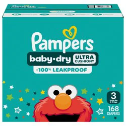 Pampers Baby Dry Ultra Cushiony Diapers, Size 3 (13-26 lbs), 168 Count, Up to 100% leakproof disposable diaper