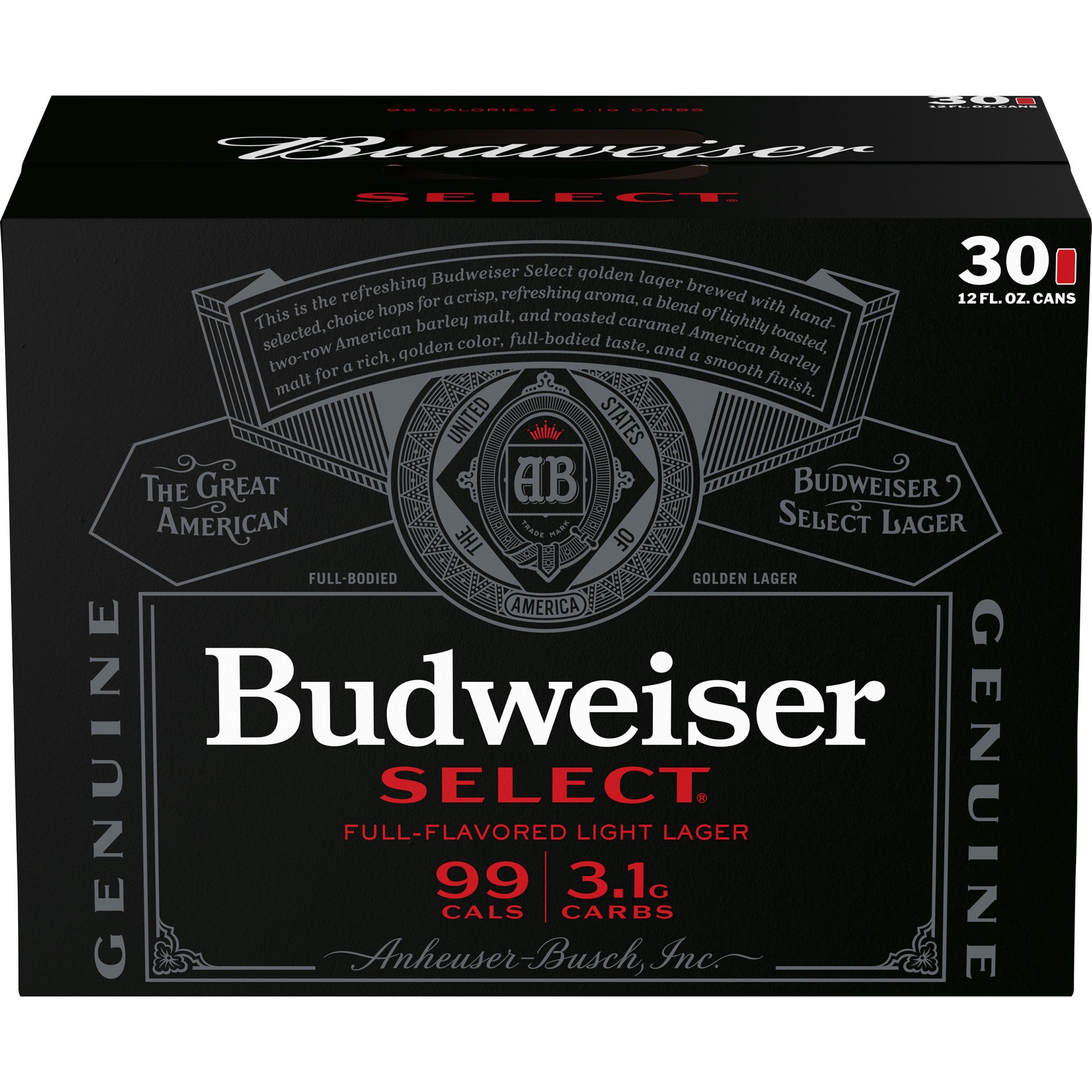 slide 1 of 1, Budweiser Select Light Beer, 30 Pack 12 fl. oz. Cans, 4.3% ABV, 360 fl. oz