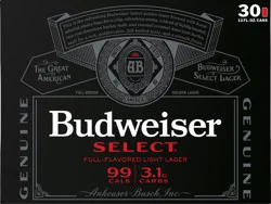 Budweiser Select Golden Lager Beer 30 ea