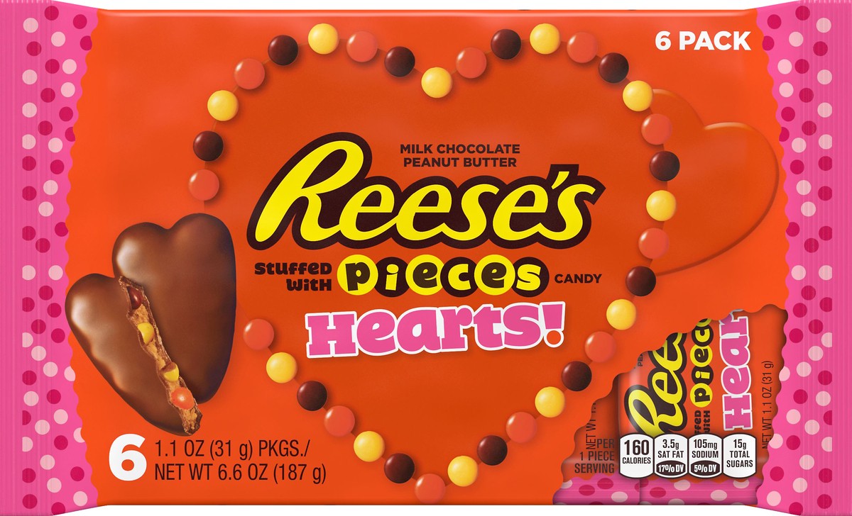 slide 3 of 5, Reese's Pieces Stuffed with Pieces 6 Pack Milk Chocolate Peanut Butter Hearts 6 ea, 6 ct