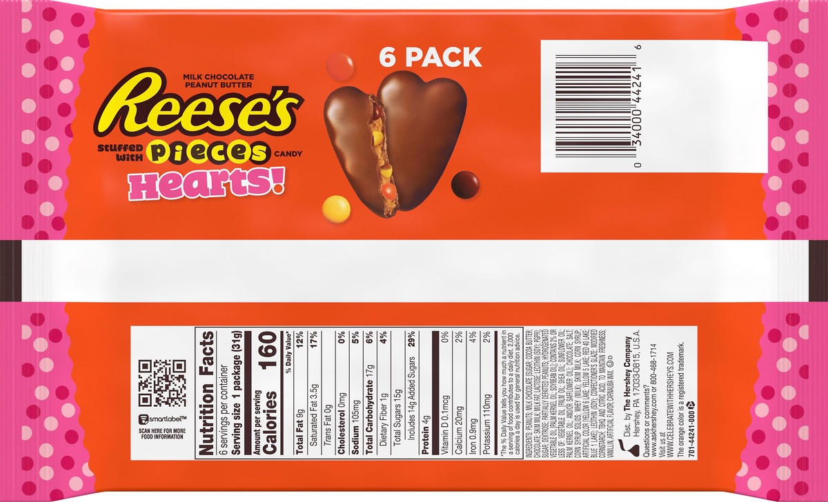 slide 2 of 5, Reese's Pieces Stuffed with Pieces 6 Pack Milk Chocolate Peanut Butter Hearts 6 ea, 6 ct