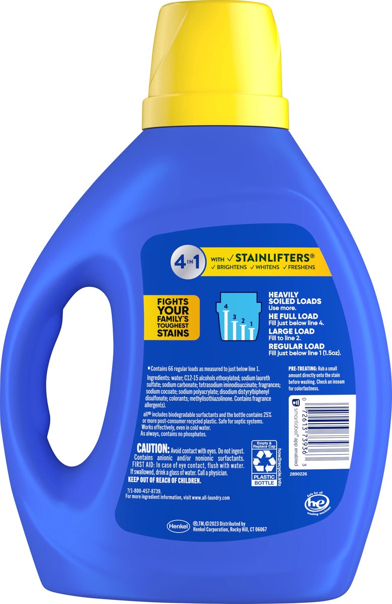 slide 4 of 7, All Liquid Laundry Detergent, 4 in 1 with Stainlifters, Fresh Clean Sunshine Fresh, 100 Ounces, 66 Wash Loads, 100 fl oz