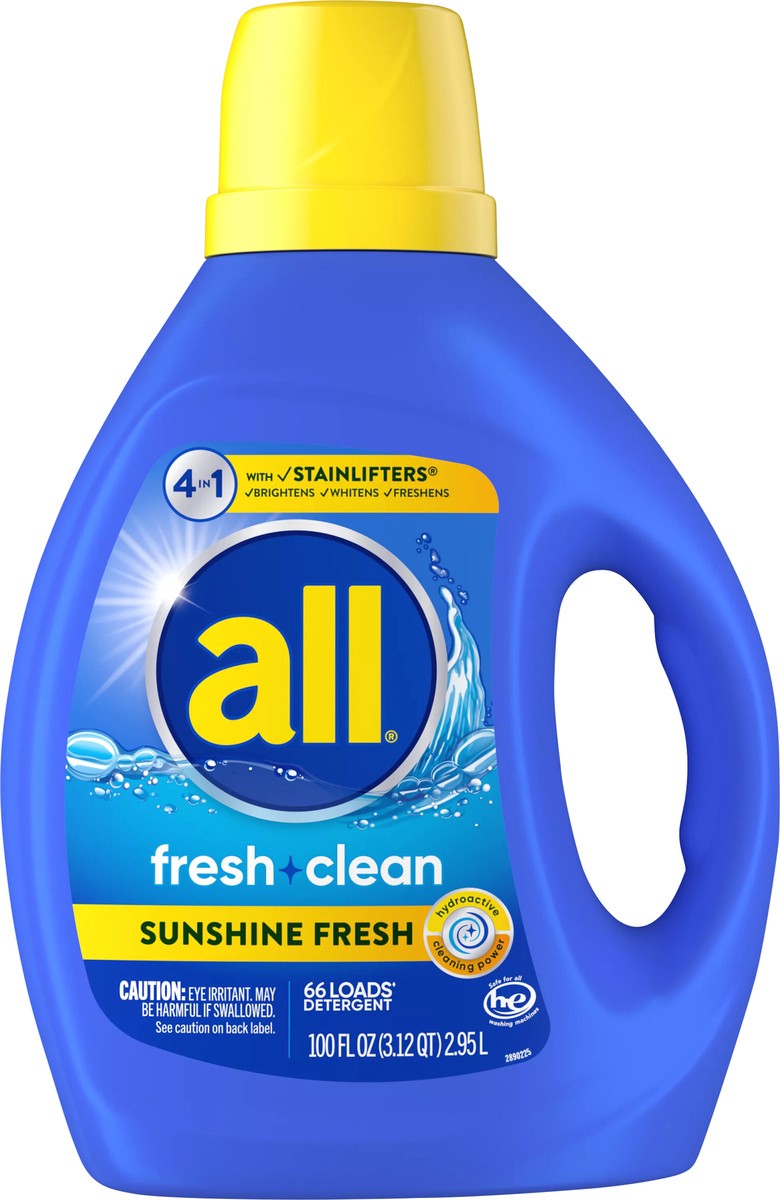 slide 3 of 7, All Liquid Laundry Detergent, 4 in 1 with Stainlifters, Fresh Clean Sunshine Fresh, 100 Ounces, 66 Wash Loads, 100 fl oz