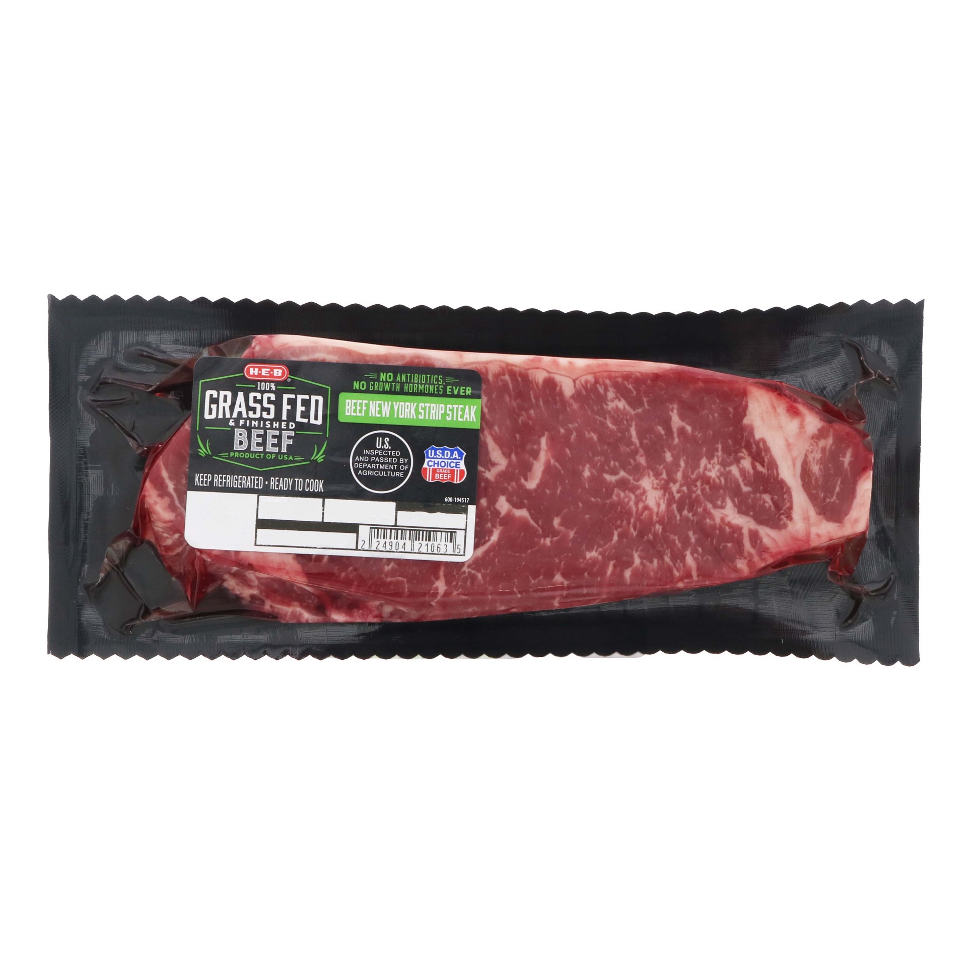 slide 1 of 1, H-E-B Grass Fed & Finished Beef Boneless New York Strip Steak - USDA Choice, per lb